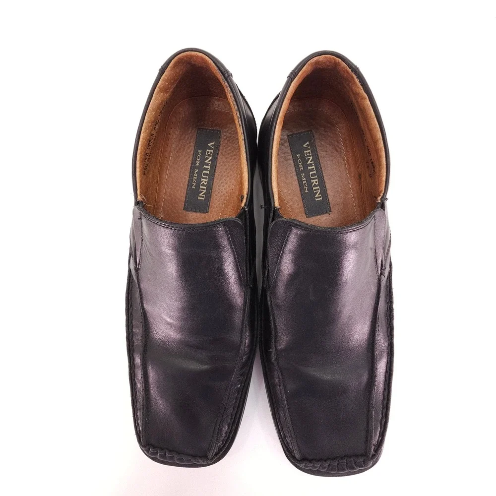 Venturini Loafer Men 7.5 Black Leather Square Toe Slip On Dress Shoes Minimalist